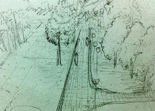 another landscape sketch - it was a beautiful day and the sky was bright...it is an opening in a park