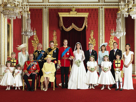 Wedding portriat - The offical portriat from William and Kate's wedding. It shows the whole wedding party along with both sets of parents,Kate's brother James and William's grandparents,the Queen and Prince Philip.