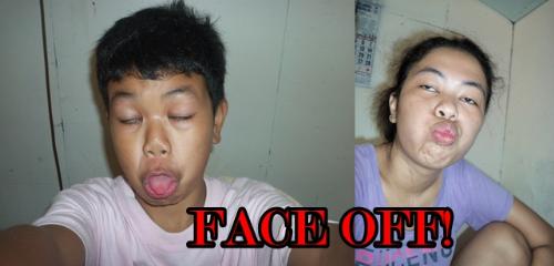 face off!  - Its my younger brother and me. We are just having fun in the camera and doing some wacky faces!!!   Who did it well? You think?