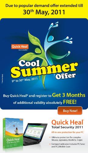 Quick Heal Cool Summer Offer - Quick heal the best antivirus in the world launches new cool summer offer.Get 3 months additional validity absolutely free. interesting offer for limited period. Hurry Up!..............