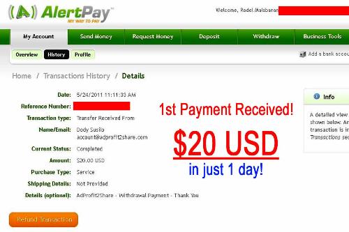 AdProfit2Share First Payment - This is my first payment proof from AdProfit2Share. I've earned $20 USD during program launch last May 23, 2011.