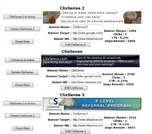 The comparison banners I tested for ClixSense - This is a screen shot of the 3 banners I started using for testing when the affiliate program changed in March of 2010. These clearly show a change to remove the 'up to $5' reference.