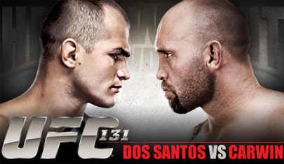 UFC 131 poster - This is the ufc 131 poster featuring Junior Dos Santos and Shane Carwin, as presented on the poster with both their images.