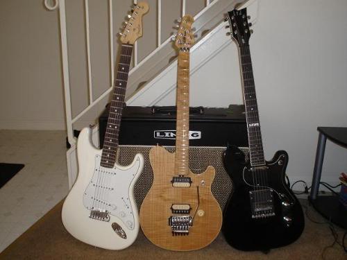 guitar - Three guitars lined up.