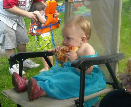 my pizza princess - my daughter in her pretty dress an eating pizza