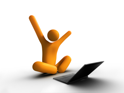 Yay Internet! - An orange figure with out stretched arms sitting in front of a laptop.