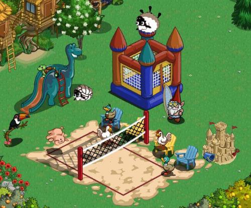 having fun - having fun on Farmville! Playing volleyball,going down a slide and jumping on one of those buncing thing!