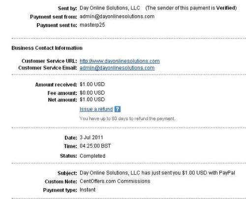 CentOffers.com Payment Proof from ONCash - Paypal payment proof from centoffers.com