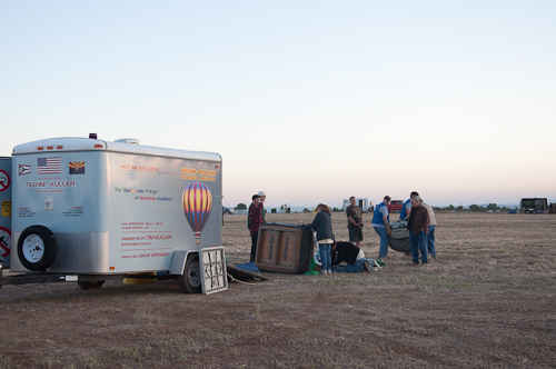 Setting up - The Techni-Kuller balloon team inspects the gondola and begins to unpack the envelope.