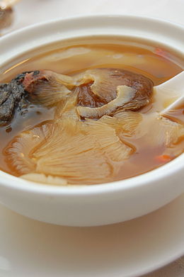 Chinese cusine - This is shark fin soup! Sharks are harvested for their fins only and then thrown back in the water to die! I hope someday this practice is stopped! Shark populations are going down because of this! It is sickning and not humane!