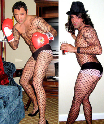 Boxers in fishnets - Yup! That is correct! Retired Boxer Oscar De La Hoya and current boxing champ Manny Pacquiao's!OMG! Not just in a fishnet bodysuit but also high heels! I am speechless!