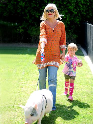 Tori Spelling - Tori Spelling and her daughter walking the pet pig!