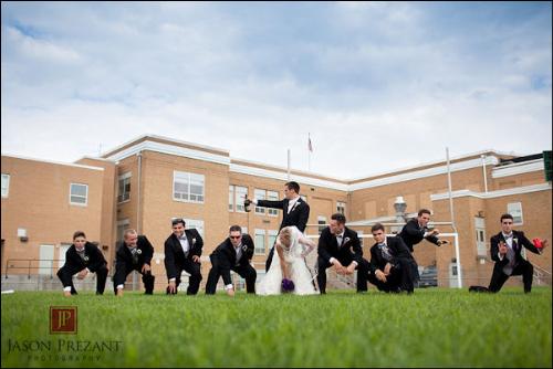 Funny Wedding photo - Not long ago Baltimore Ravesn QB Joe Flacco had this photo taken of his groommen as his offense line with his bride at the center! Great photo!