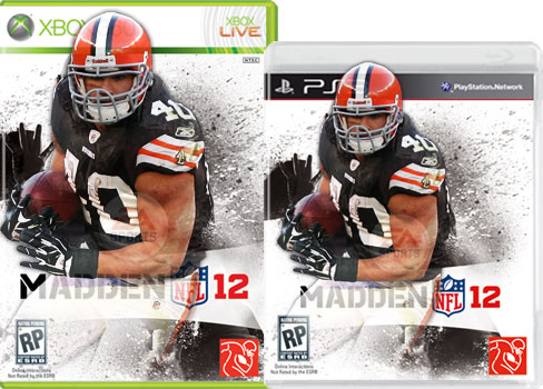 Peyton Hillis Madden 12 Cover - This is the cover of the Madden 12 video game. Peyton Hillis from the Cleveland Browns is featured. He won a 32 player tournament based on fan voting to become the cover athlete for this game.