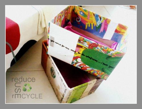 CRAFT IDEAS-everything reused - This is a picture of my latest project where I used old useless boxes lying around my room. I used old paper bags from Starbuck's coffee, Bo's coffee and Havaianas-All flip-flops to cover the boxes (since these were all made of pure recycled paper and which also had very colorful graphic designs. I have also thought of covering them in clear plastic but I hated the idea of using a chemically-prepared material. Lastly, I line the bottom of the boxes with Japanese paper. I used these containers to organize little things that always clutter in my closet.   Hope this gave you an idea!  xx, ria, batteries not included.