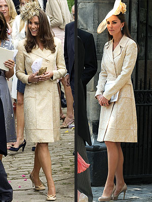 Same outfit - Kate wore this coat dress first to a wedding in 2006. The hat is ridiculous! She wore it again with a beautiful hat last saurday to Prince Williams cousin Zara Phillps wedding. I saw nothing wrong with doing it even though there were people who did!