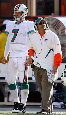 Coach and Qb - Miami Dolphins QB Chad Henne and hi head coach Tony Saprano.
