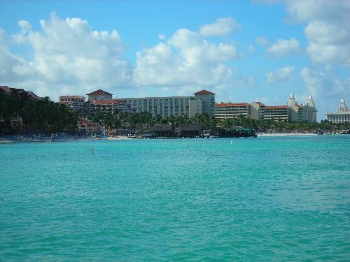 Aruba fom a boat - This is part of the island. It has many resorts and Hotels, but you can also get cheaper places to go.