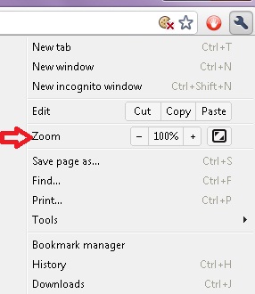 Zoom option on Google Chrome - The zoom button can be found by clicking the wrench icon on Google Chrome. Use it to magnify text size.