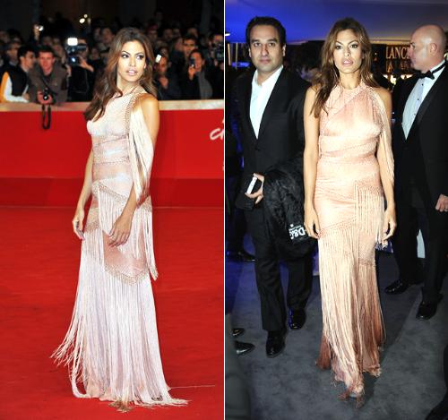 Eva Mendes - A beautiful dress but zeva wore in twice on one trip over seas with in 4 days! Not the greatest of ieas!