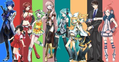Some of the Vocaoids - Left to Right:  Kaito, Yuki, Meiko, Gumi, Luka, Miku, Rin, Len, Kiyoteru, & Miki