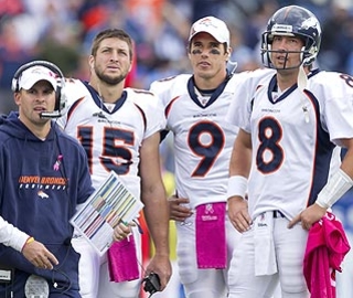 Bronco QB's - Last seaon the Bronco's head coach was Josh McDaniel.Here he is with Tim Tebow,Brady Quinn and Kyle Orton.
