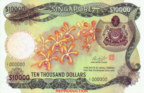 $10000 - This is a pic of a ten thousand-dollar note in Singapore currency.