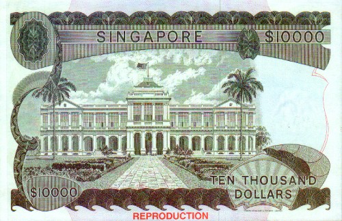 $10000 - This is a pic of the back of a ten thousand-dollar note in Singapore currency.