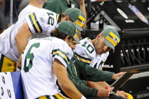 Packers QB - All three of the Packers QB's with their QB coach.