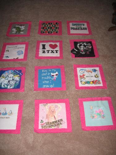 T- Shirt Quilt - This is the T-shirt quilt I am making for my granddaughter using the front of her 'meaningful' t-shirts from past years. This is as far as I have gotten, the front of the T's mounted on blocks.