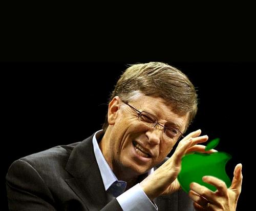 Bill Gates - Bill Gates squeezing an Apple.The fight between Apple and Microsoft