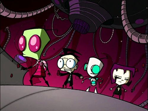 Invader Zim characters - Zim, Dib, Gir & Gaz -- Scene from the episode 'Tak, the Hideous New Girl'