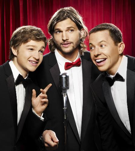 New two and a half men - A photo of Ashton Kutcher replacing one of the lead stars, Charlie Sheen, of the TV series Two and a half Men, together with the other leads.