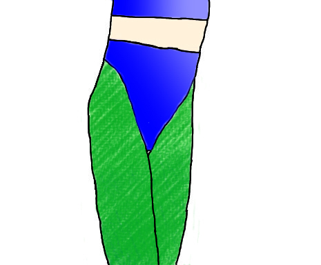 A Dancer's Attire of the 80's  - Here is my rough digital illustration of a female dancer wearing clothes typical of the 80's. She wears a shiny blue bra top and a pair of dance trunks with green ankle tights. The dancewear of the decade included so much more than leotards and legwarmers!