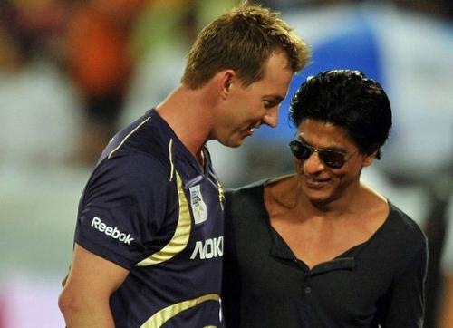 Sharukh Khan with Breet lee - Sharukh Khan the owner of KKR with Breet lee before the KKR match with Somerset. KKR lost the macth by 11 runs where there were chasing the target of 167 runs. The Qulifier match for the champions league main round was Played at Rajiv Gandhi International Stadium, Uppal, Hyderabad.  Score: Somerset innings 166/6 	PD Trego		 70	 	RE van der Merwe	40	 Kolkata innings 155/8  	RN ten Doeschate 27  MK Tiwary 46