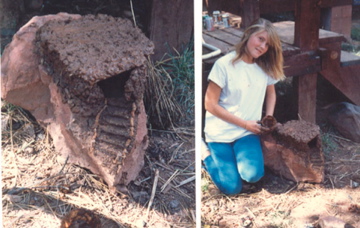 Sarah with Model of Cliff Dwelling She Made on Vac - Sarah made this model on her own after visiting the Native American cliff dwellings in Mesa Verde National Park in Colorado. We were staying in a cabin by a lake, and after we came home and ate dinner, she went outside and later came to call us to see this model she made. It was her idea, and she had no help.