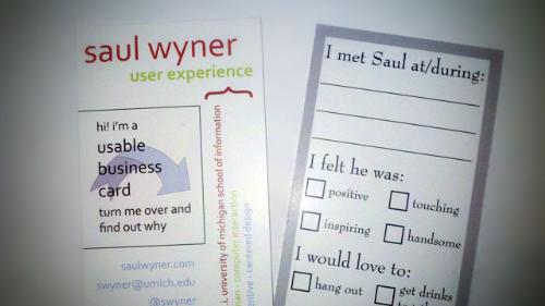 example of interactive business cards - these are just a few examples of how to make your business cards more interactive; where the person who receives the card is informed to turn the card around and at the back there is space to write down about how they felt about him and if they would be willing to call back; be it for business or just to hang out