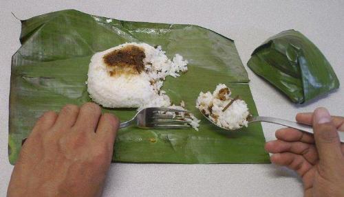 Banana leaf packed lunch - lunch time