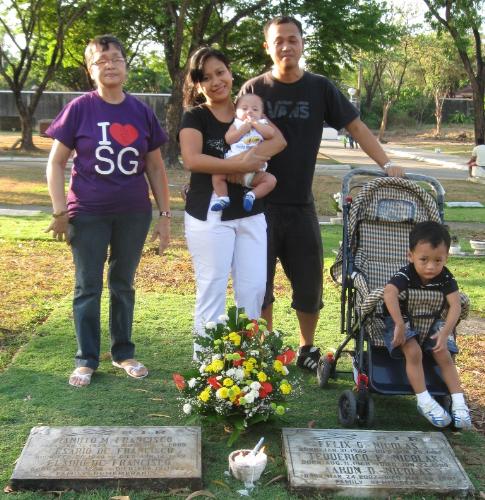 Here is where my Aaron lies. - In the stroller is his twin brother Andrei, I'm in my white pants carrying my youngest. Meet my husband and my mother in law around. My eldest shot this picture.