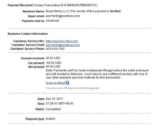 Postloop Payment Proof - The first payment I received from Postloop which I received after three days of posting on the forums and blogs.