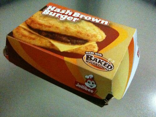 hash brown burger - This is Jollibee&#039;s hash brown burger. Two baked hash brown with typical burger patty and a slice of cheese