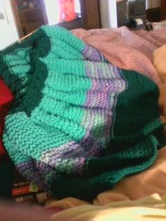 A afghan I am knitting - I am making this for my daughters stepson. I have knitted baby blankets but never one this big but I am thinking it is turning out good as I make up the colors.