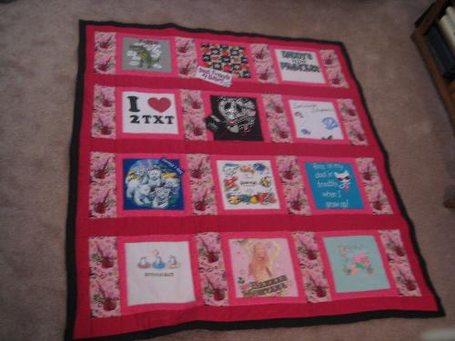 T-shirt Quilt - Just wanted to pass along the finished product! This is a t-shirt quilt I made for my GD...took 4 years to collect t-shirts that meant something to her..places she's been and favorite times in her life.