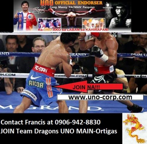 Unlimited Network of Opportunities International C - UNO is a convergence of the finest network marketers in the Philippines. 100% Legit. Endorsed by Manny 'Pacman' Pacquiao himself. Join UNO Team Dragons Now!!! www.uno-corp.com Contact Francis - 0906-942-8830