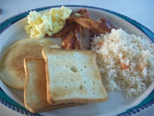 Breakfast plate - I'd discard the bacon and rice.