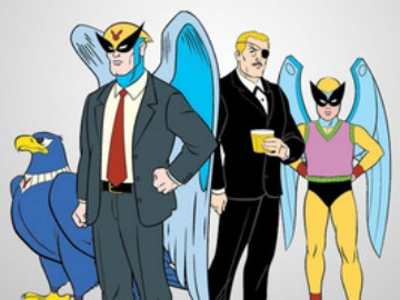 Harvey Birdman: Attorney At Law - Main Cast - From left to right: Avenger, Harvey Birdman, Phil Ken Sebben, & Peanut