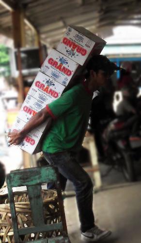 unskilled worker - He carries boxes on his box from one place to another just to get daily pay.