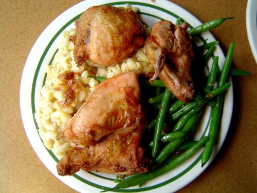 Plate of food - Chicken, mac&cheese, & stream beans.