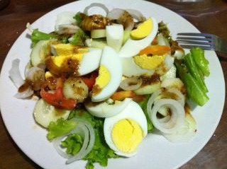 my veggie salaad - my veggie salad is my dinner compose of cocumber, lettuce, boiled oraganic egg, tomato, white onion and my fave dressing papaya seed..