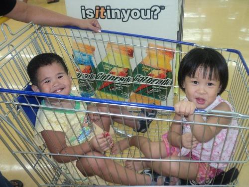 Kids on shopping cart - Shopping with children